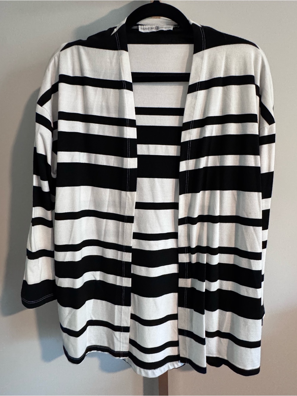 Women's Black and White Striped Open-Front Cardigan